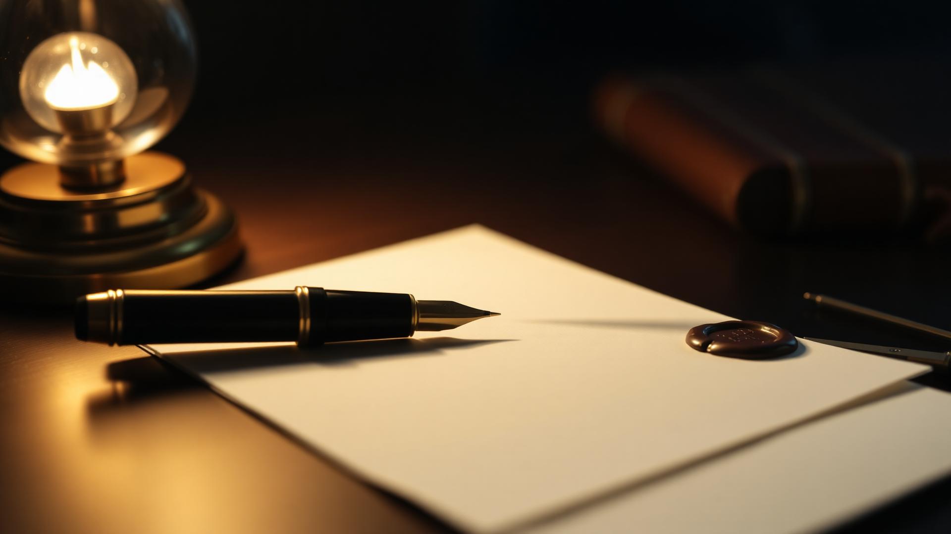Plume et papier ivoire sur bureau en bois sombre, lampe de laiton.
