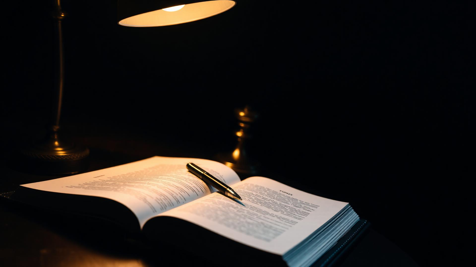 Ouvrage juridique éclairé par une lampe à réflecteur en laiton.