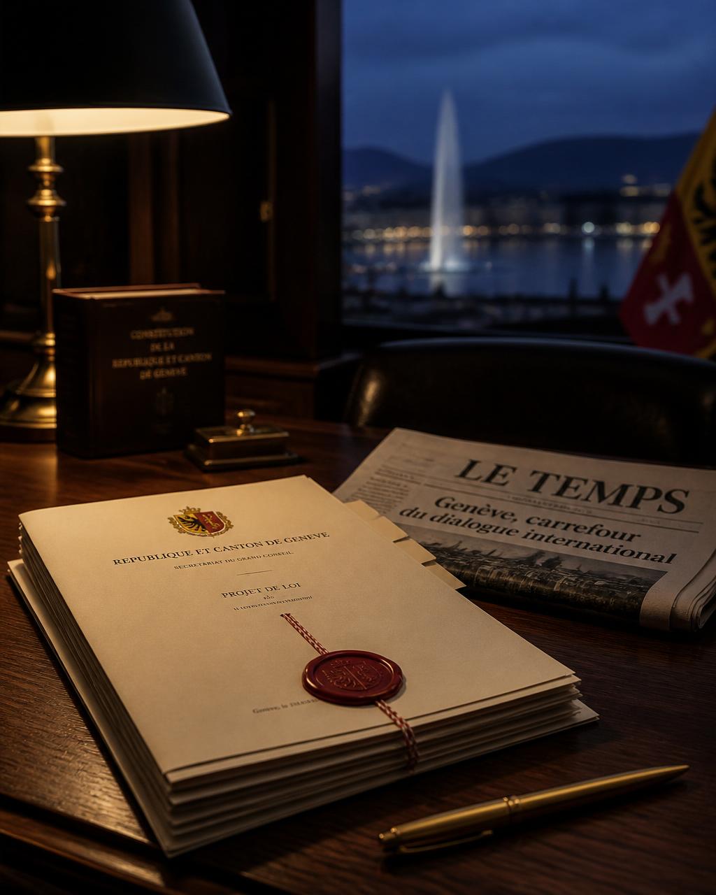Bureau institutionnel à Genève à l'heure bleue : documents officiels, sceau rouge et vue sur le jet d'eau.