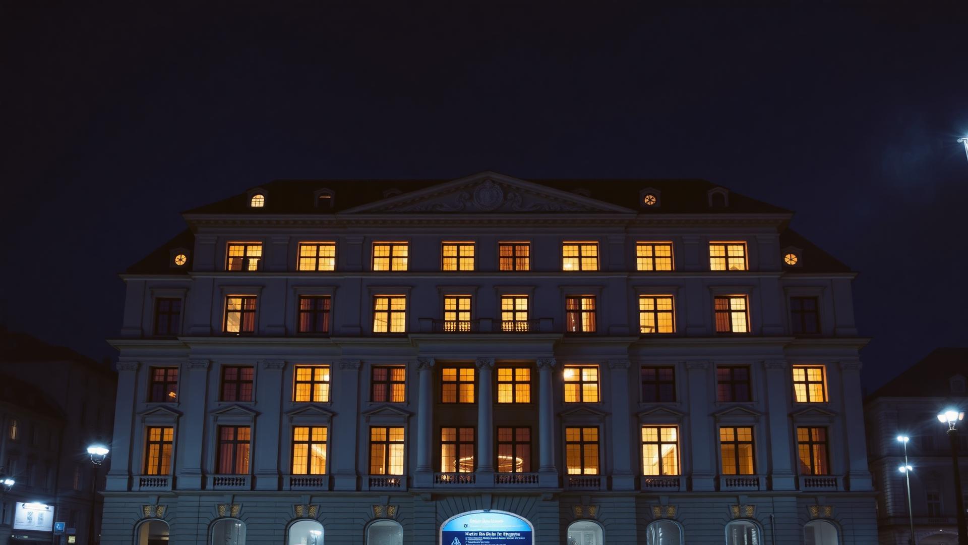 Façade institutionnelle genevoise à l'heure bleue.